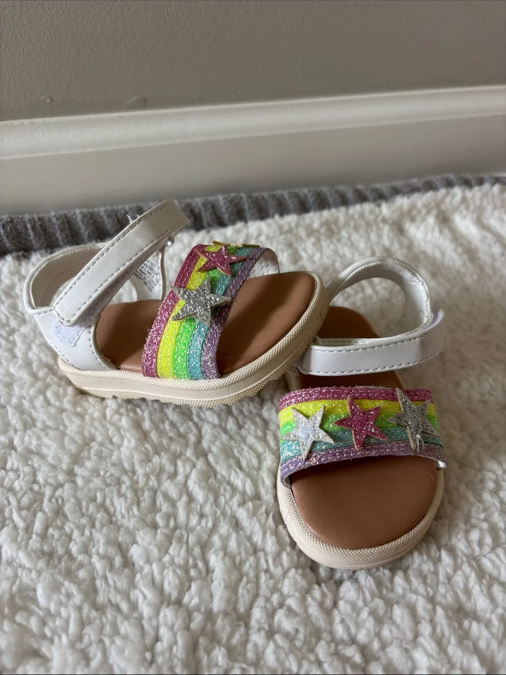 wonder nation White Sandals with Glitter Rainbow Straps and Star Accents
